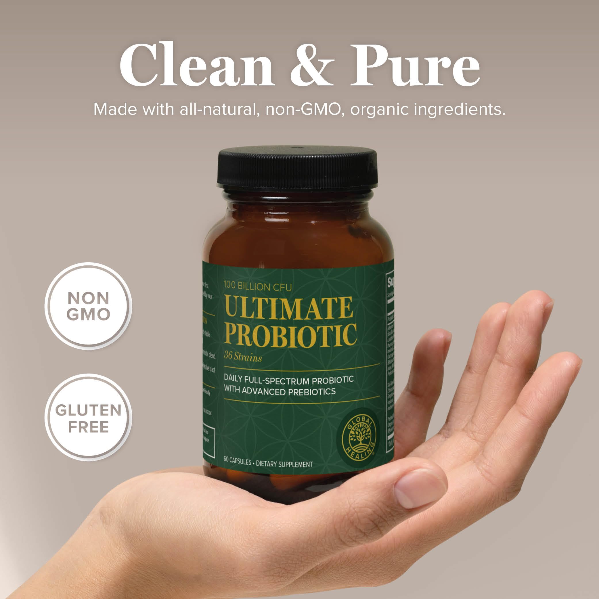 Global Healing Center Ultimate Probiotic bottle placed on a clean kitchen counter