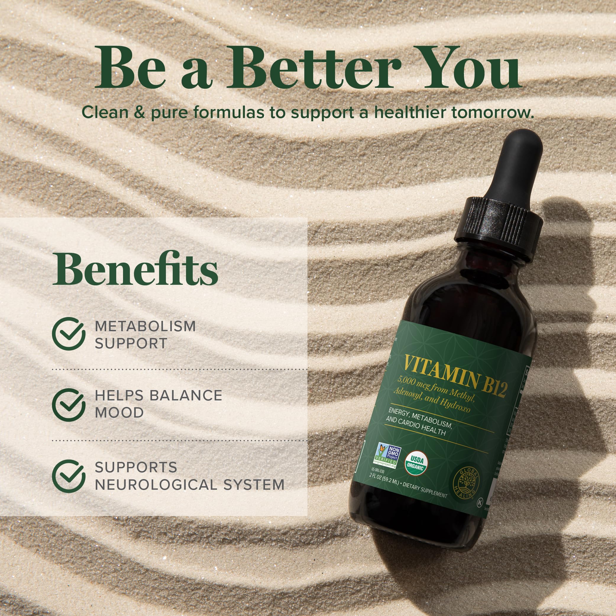 Global Healing Center vegan non GMO formulation emphasizes plant-based B12 benefits