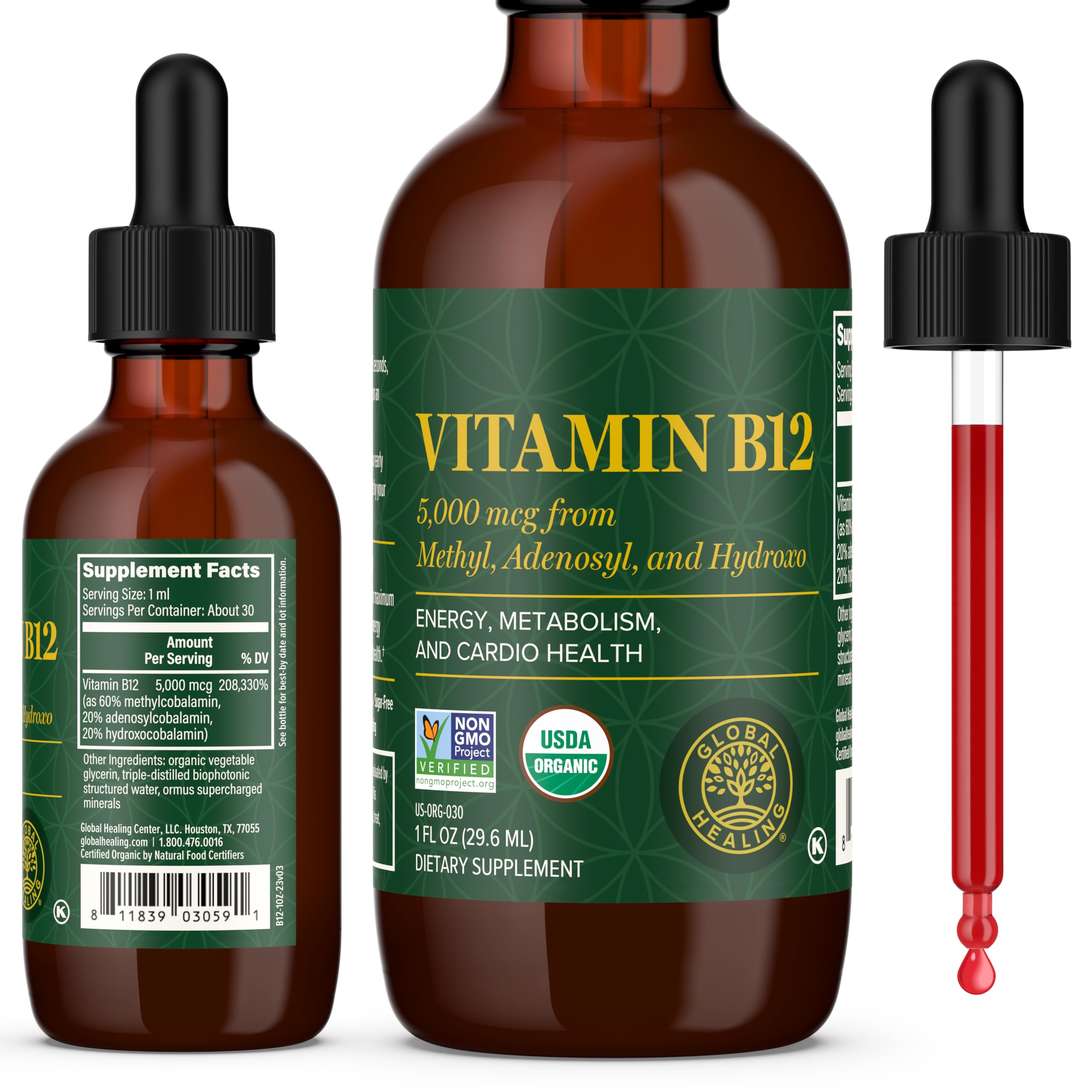 Global Healing Center Vitamin B12 Sublingual bottle front supports energy and metabolism.