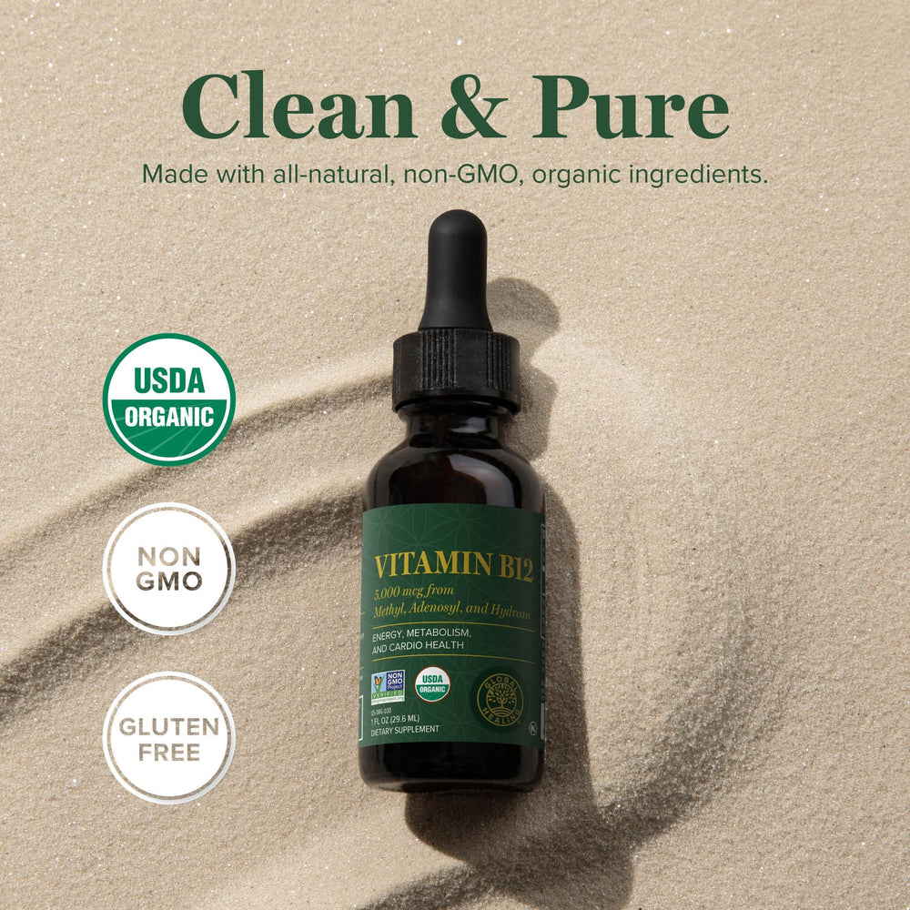 Global Healing Center Vitamin B12 Sublingual nutrition panel lists 5000 mcg per serving.
