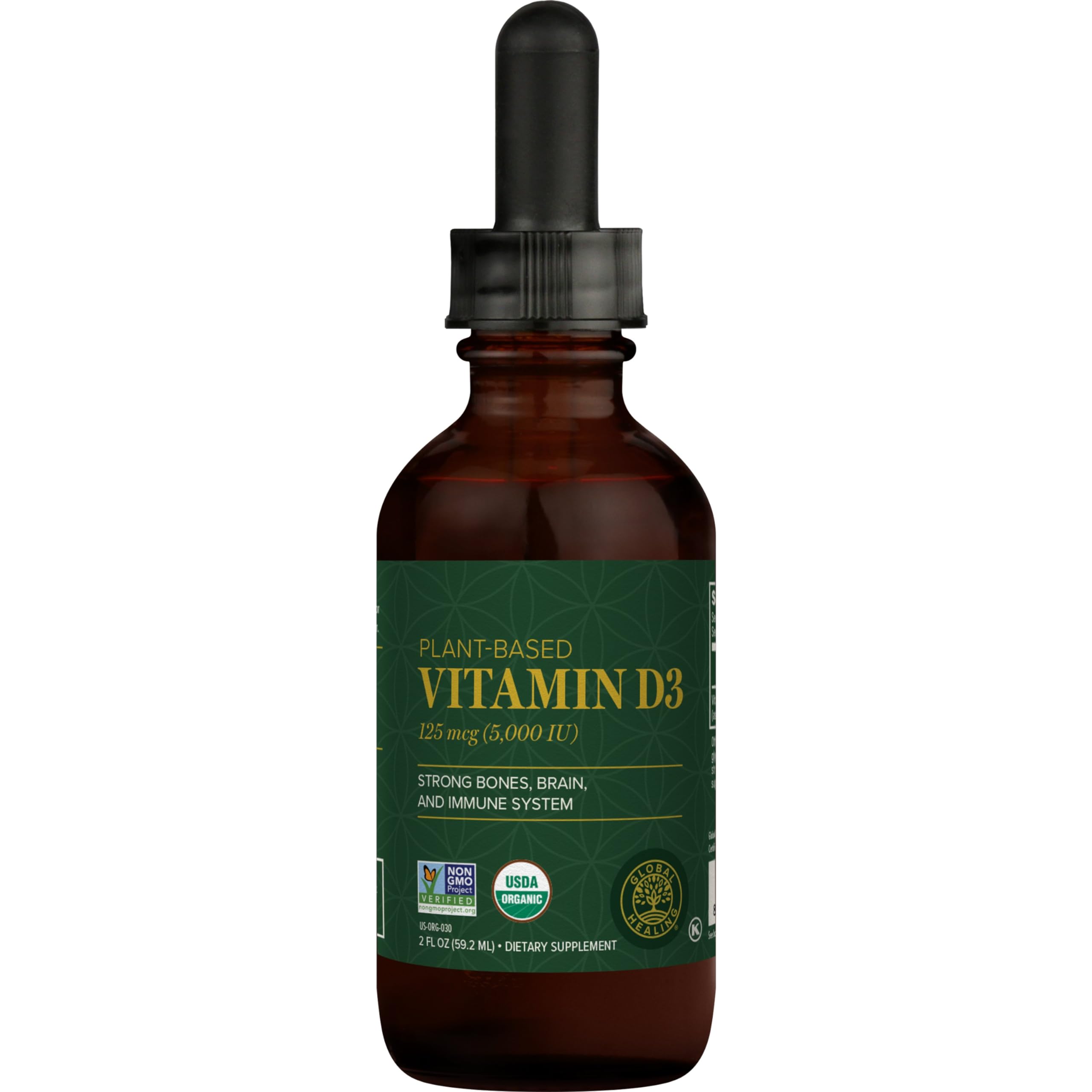 Global Healing Center Vitamin D3 bottle front view showing 5000 IU strength for daily support.