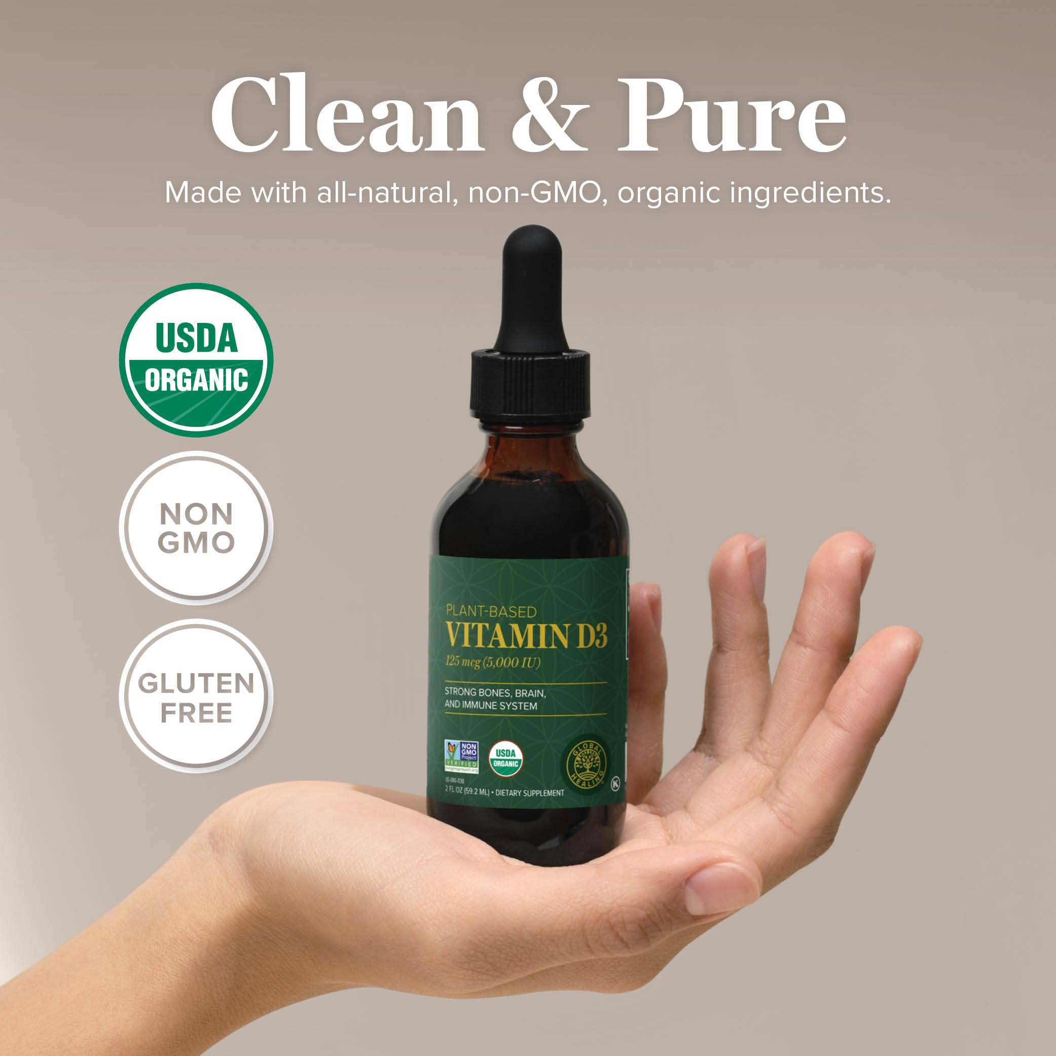 Global Healing Center Vitamin D3 label close-up highlighting vegan formula.