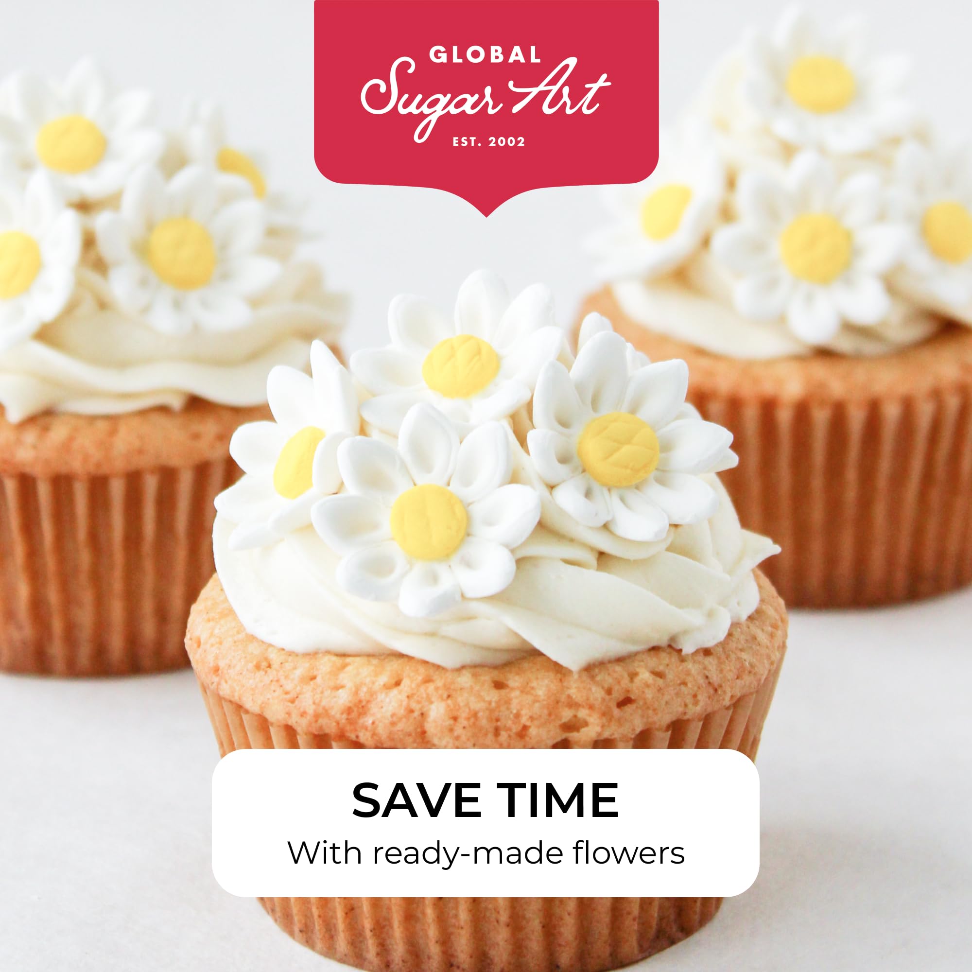 Global Sugar Art daisies showing kosher Pareve and halal-friendly production