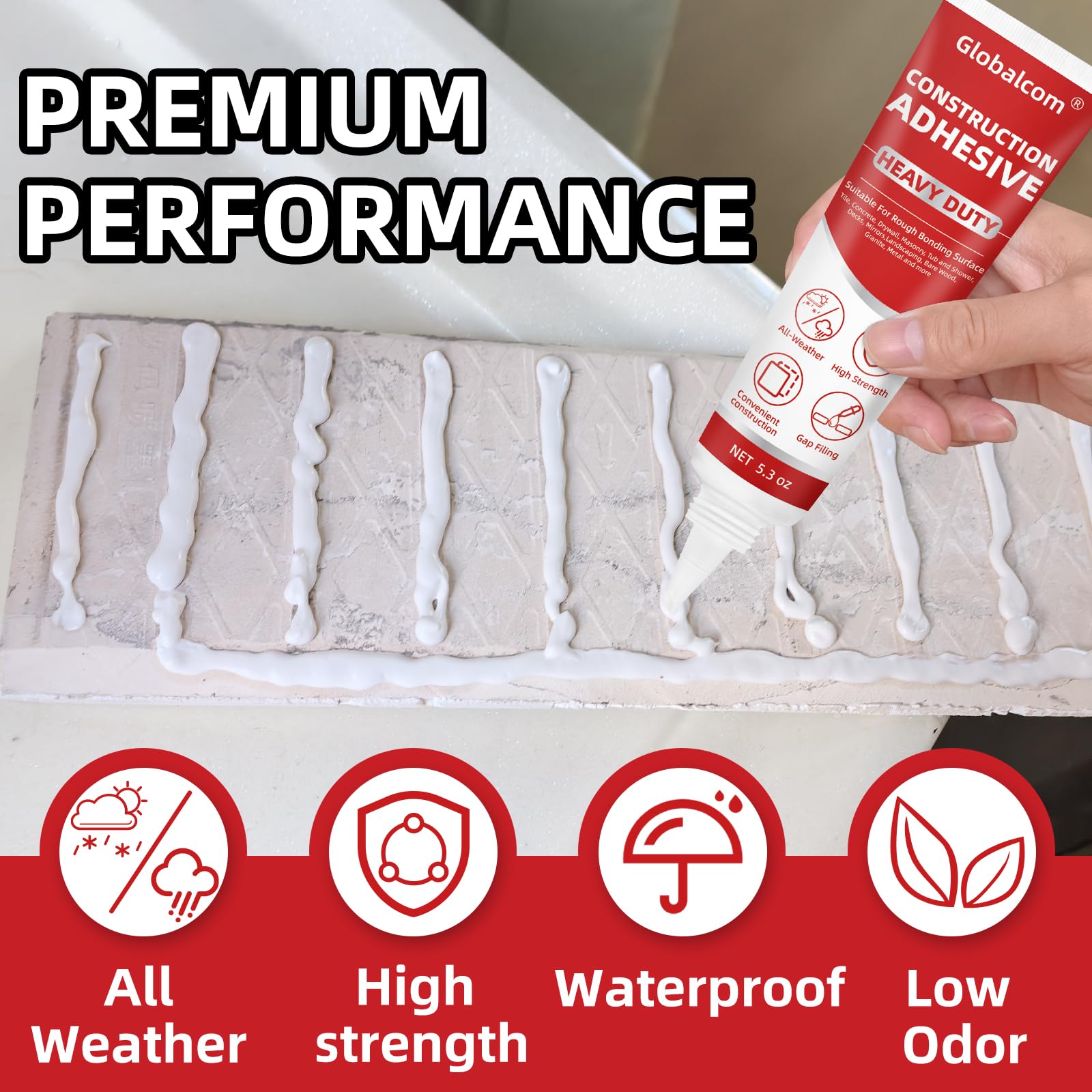 Globalcom white adhesive cures to a waterproof, clean finish