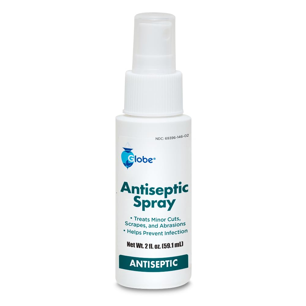 Globe antiseptic spray label close-up showing manufacturing details