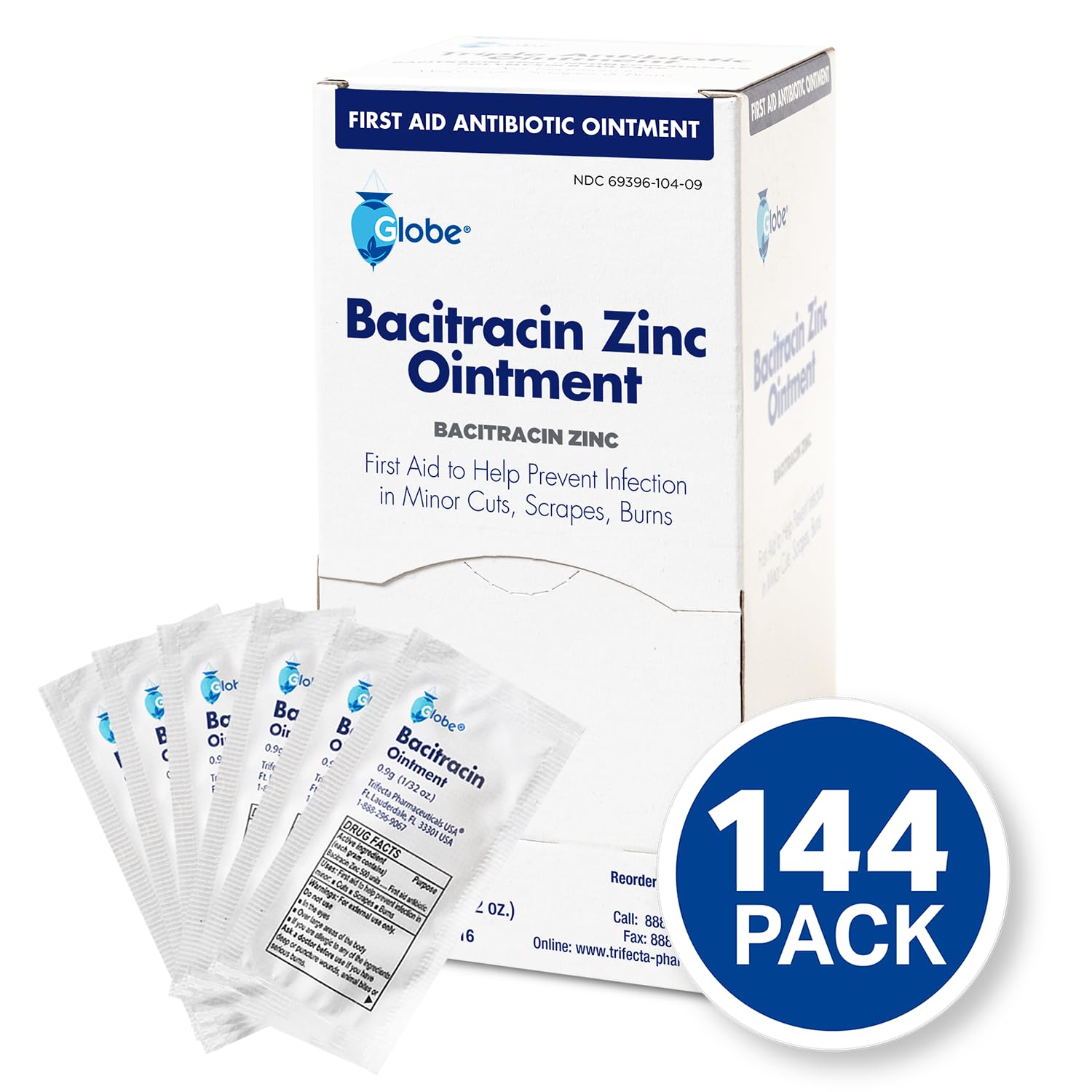 Single 0.9g Globe bacitracin packet ready for on-the-go use