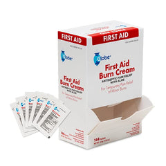 Globe Burn Cream packet usage shows portable on-the-go first aid.