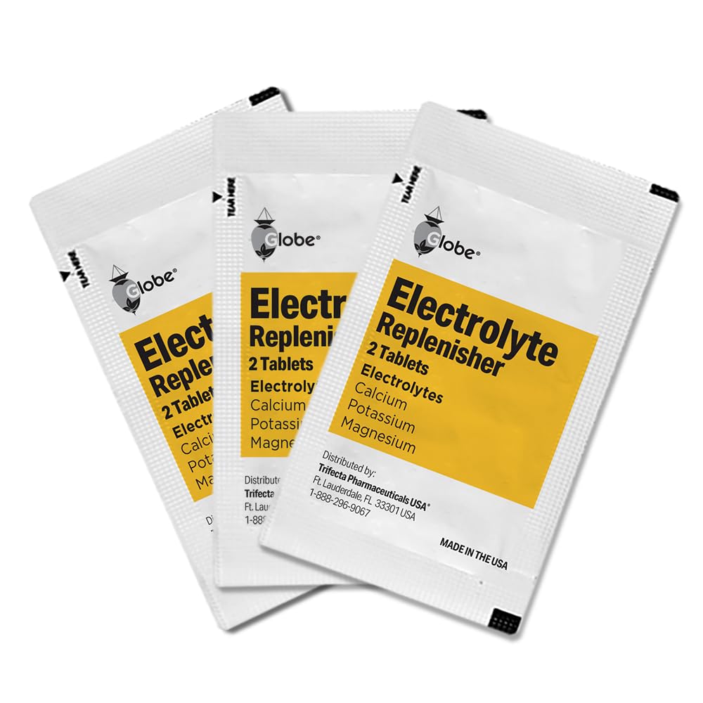 Globe Electrolyte Tablets label highlights calcium, potassium, and magnesium.