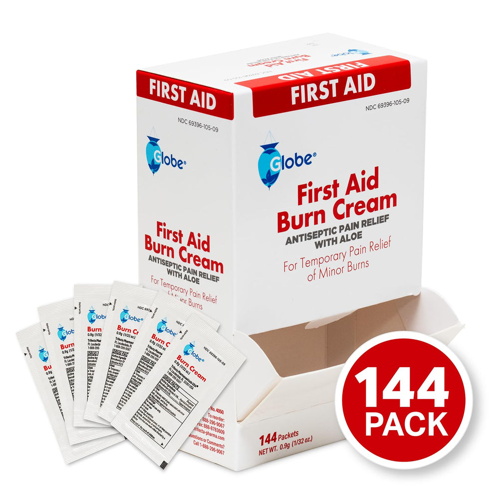 Globe First Aid Burn Cream Box 144 emphasizes bulk supply for households.