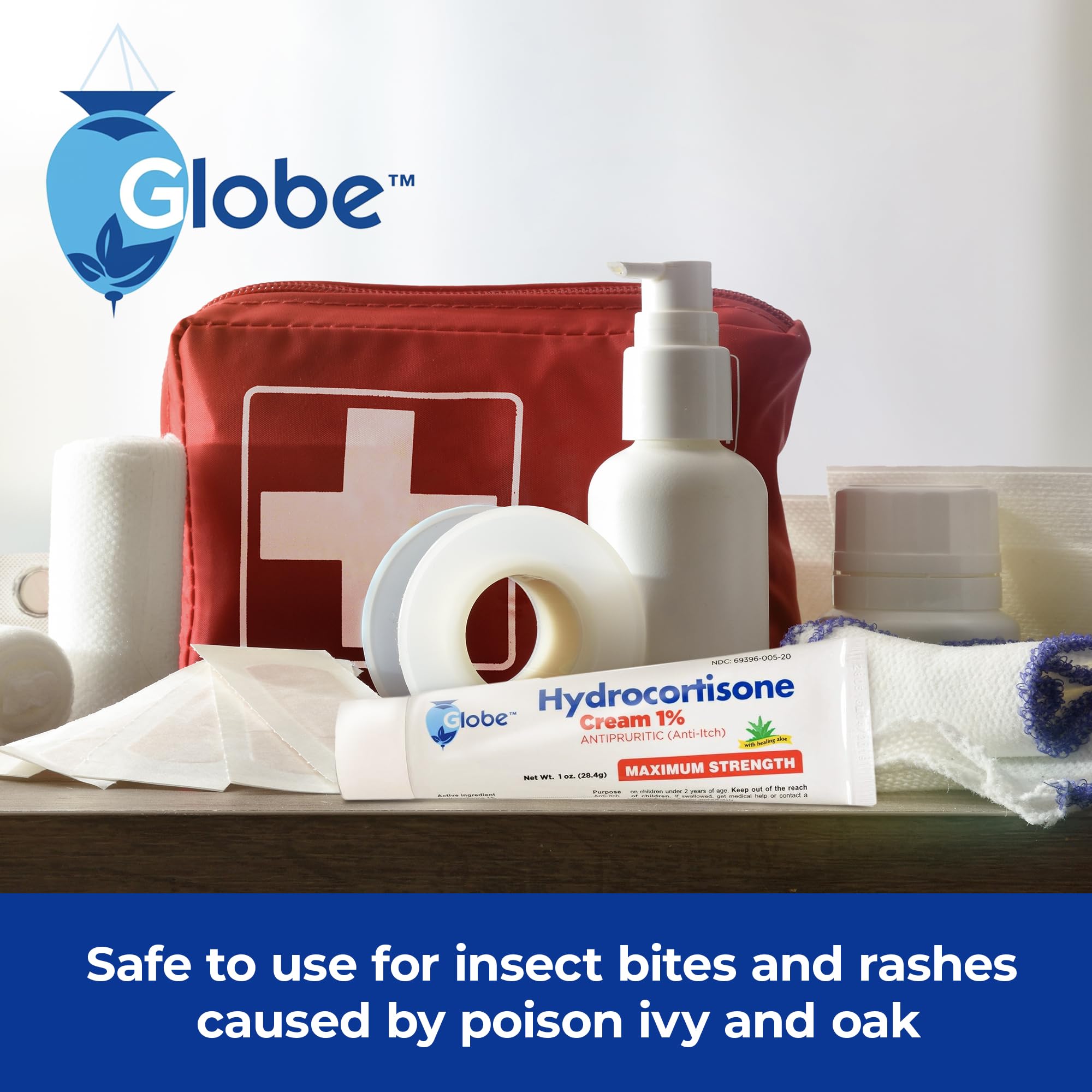 Family travel kit with Globe Hydrocortisone cream for on-the-go itch relief