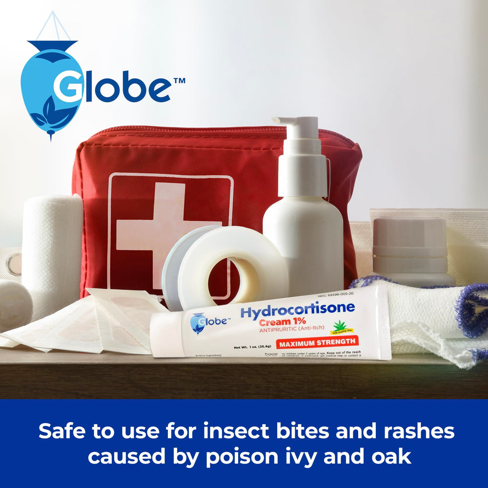 Family travel kit with Globe Hydrocortisone cream for on-the-go itch relief