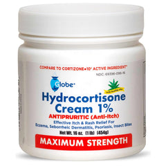 Globe Hydrocortisone Cream jar front with aloe; soothing itch relief.