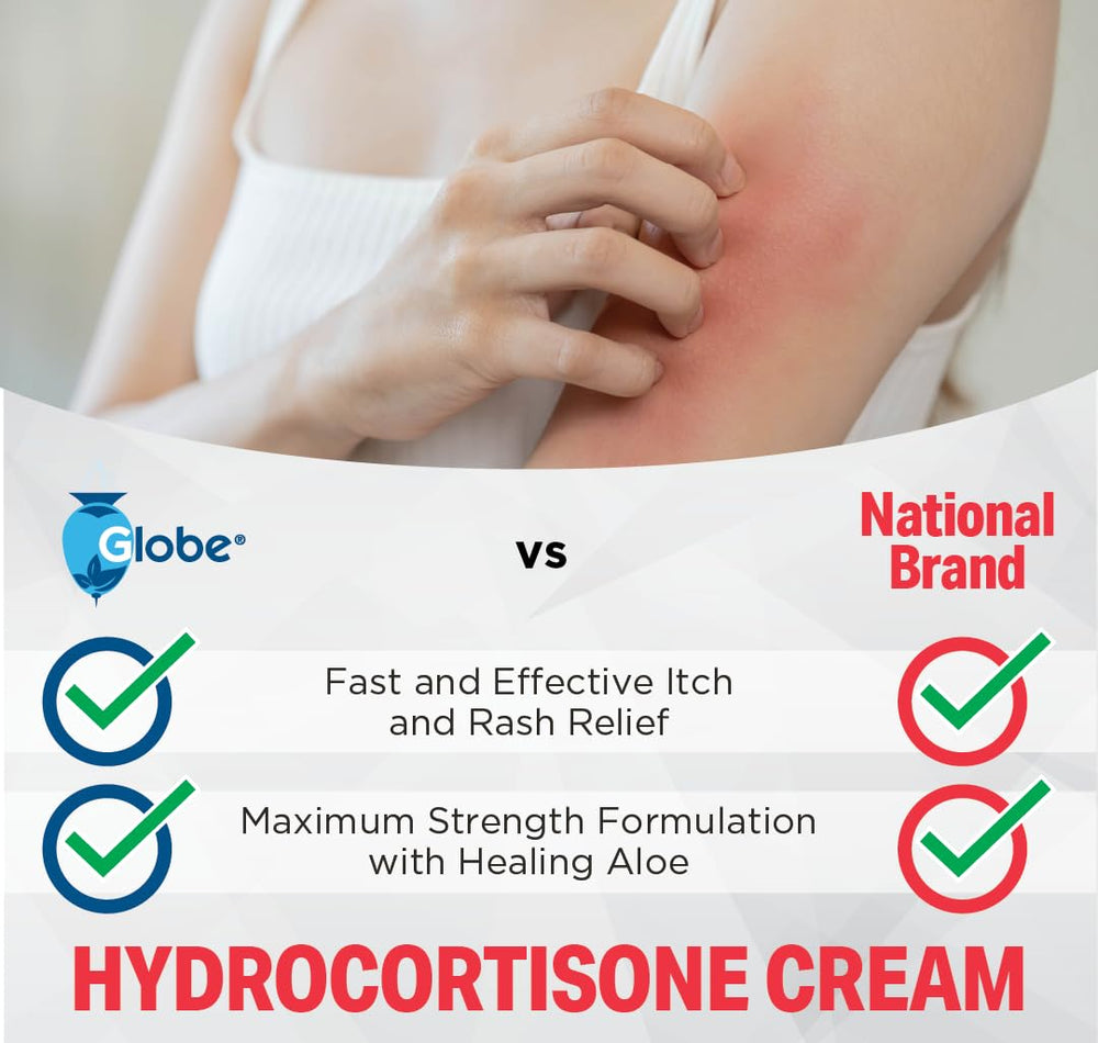 Globe Hydrocortisone Cream jar side view shows 16 oz size for home use.
