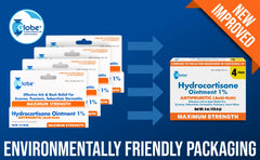 Globe Hydrocortisone ointment packaging with box and tubes for home first aid.
