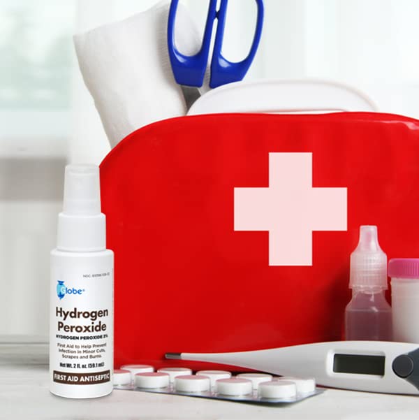 Globe hydrogen peroxide 3percent spray bottle in a first-aid kit for on-the-go care.