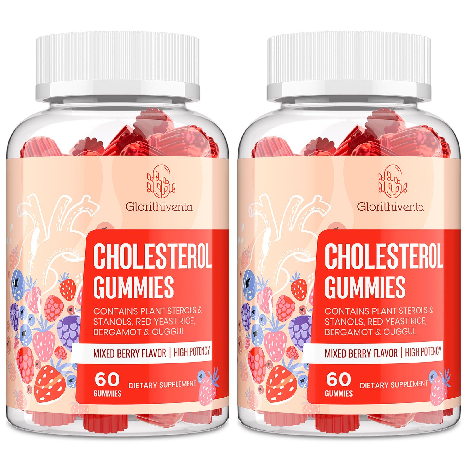 Glorithiventa Cholesterol Complex Gummies bottle with soft berry bites for daily wellness