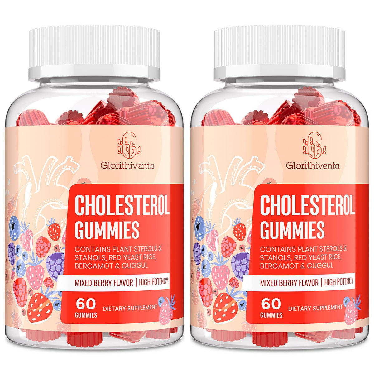 Glorithiventa Cholesterol Complex Gummies bottle with soft berry bites for daily wellness