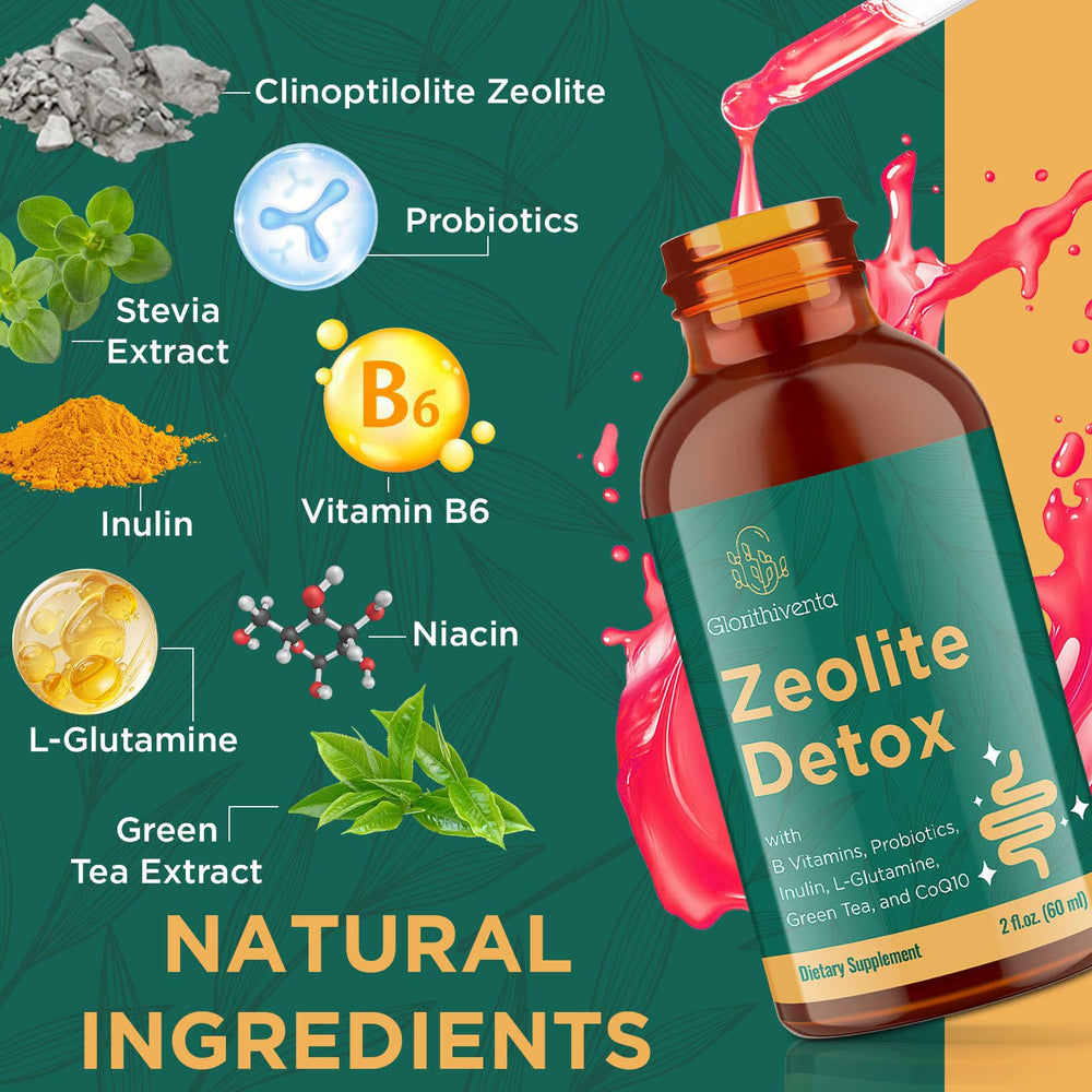 Glorithiventa Zeolite Detox bottle label highlights vegan and gluten-free purity