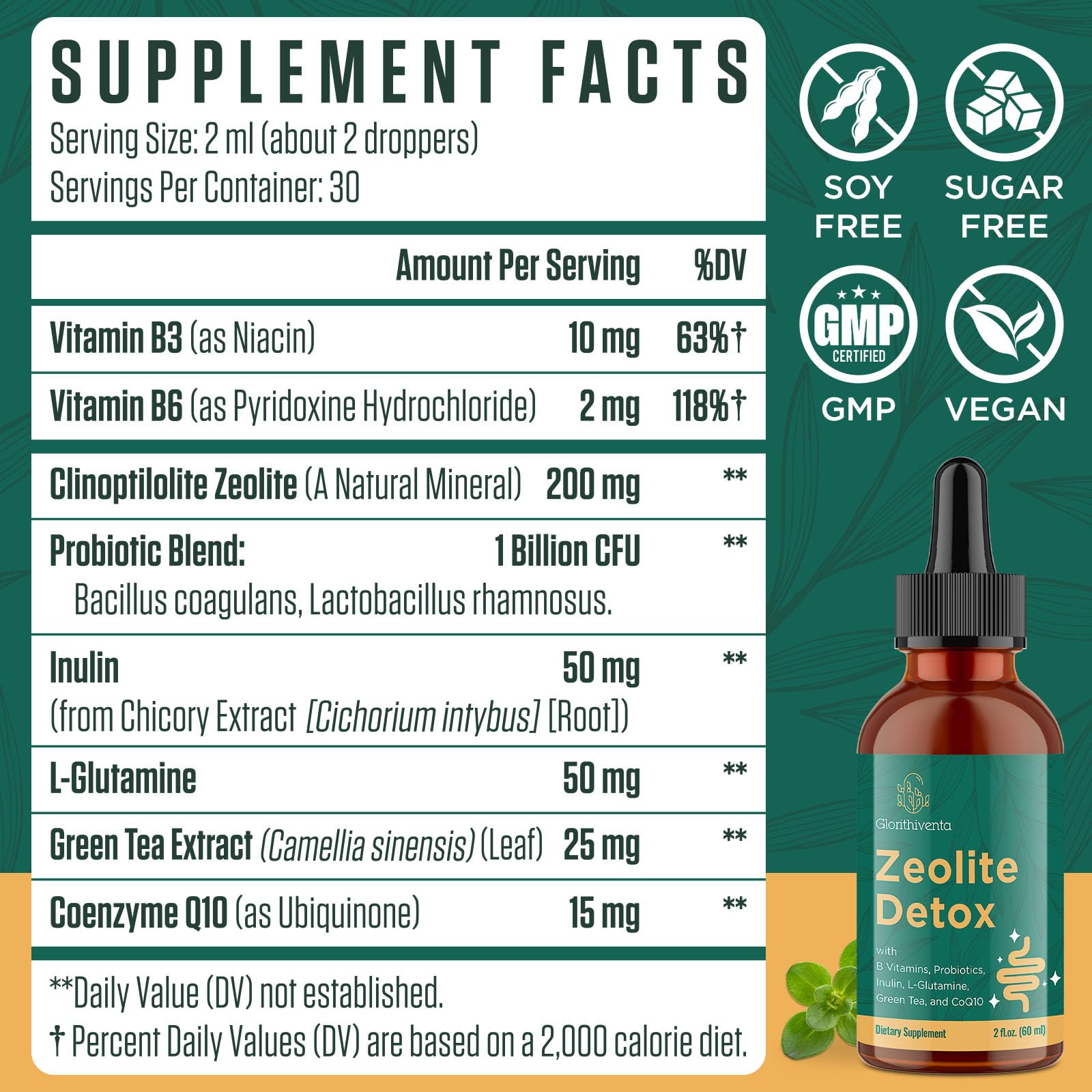 Glorithiventa Zeolite Detox bottle close-up with green tea extract highlight
