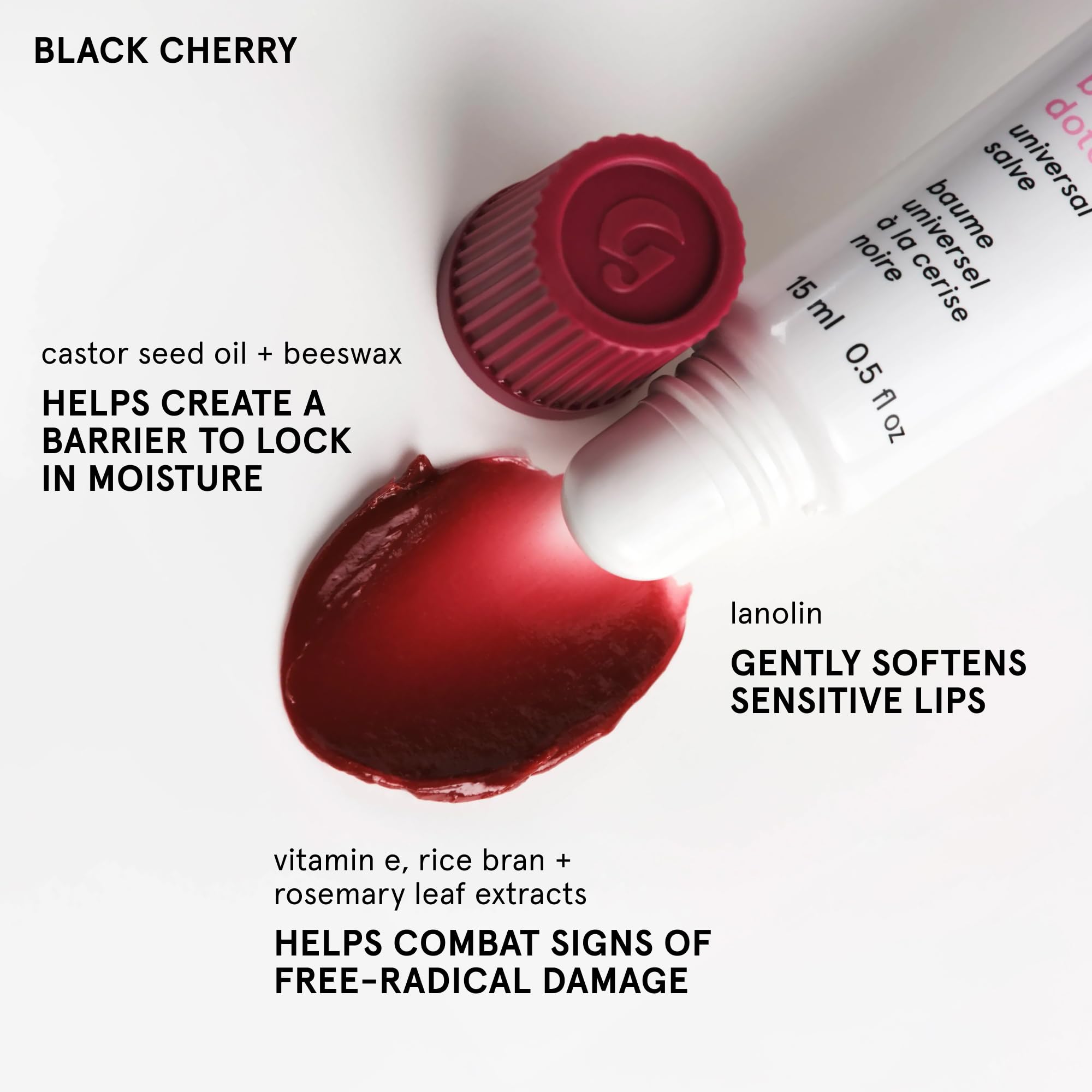 Glossier Balm Dotcom swirl texture demonstrates buildable burgundy finish on lips.