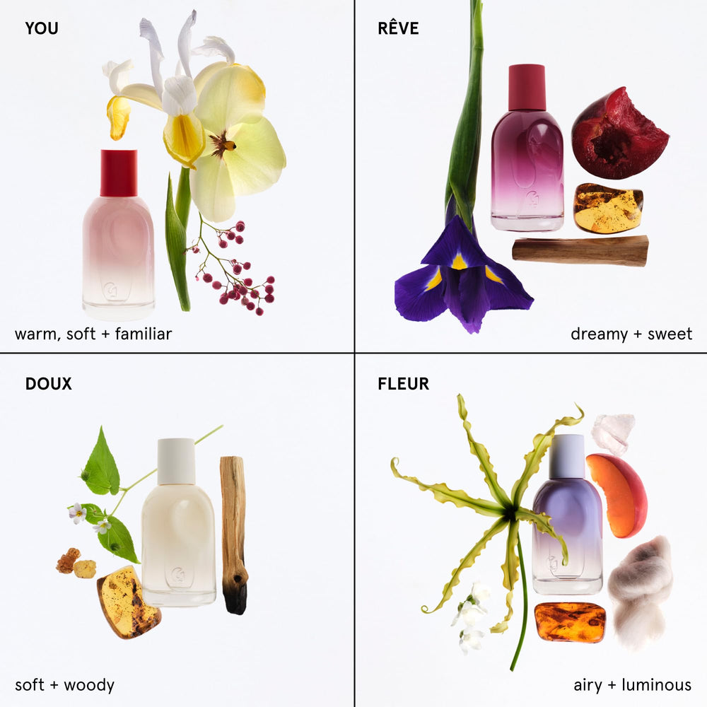 Glossier Fleur bottle close-up, fresh floral aura for daytime wear.