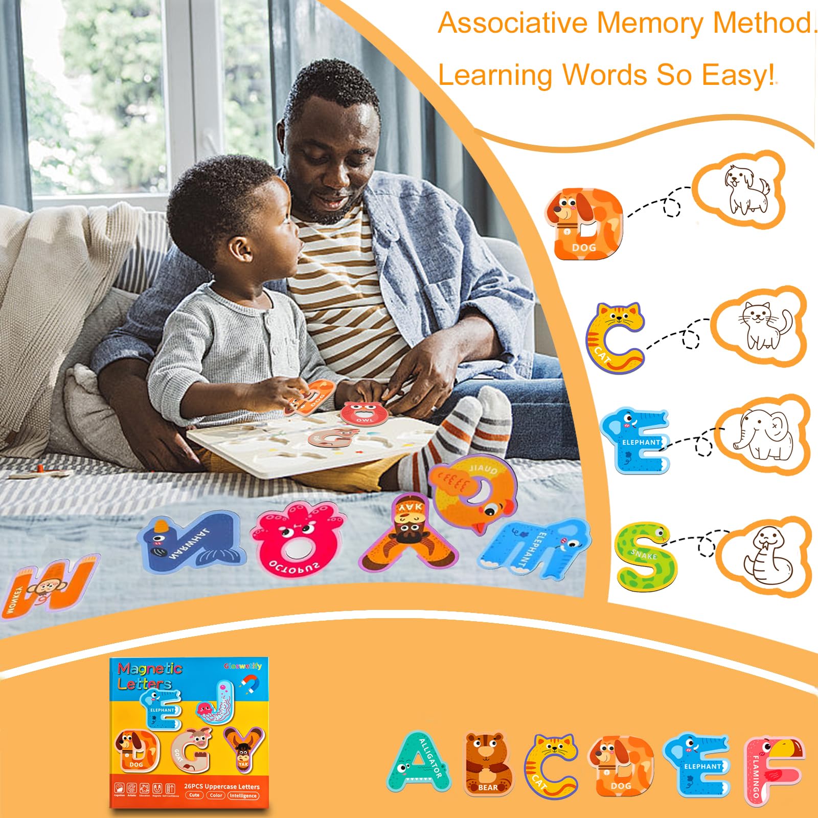Gloswetify colorful alphabet magnets engage toddlers during playtime.