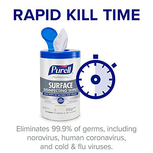 Gloved hand wiping a keyboard with Purell disinfecting wipes