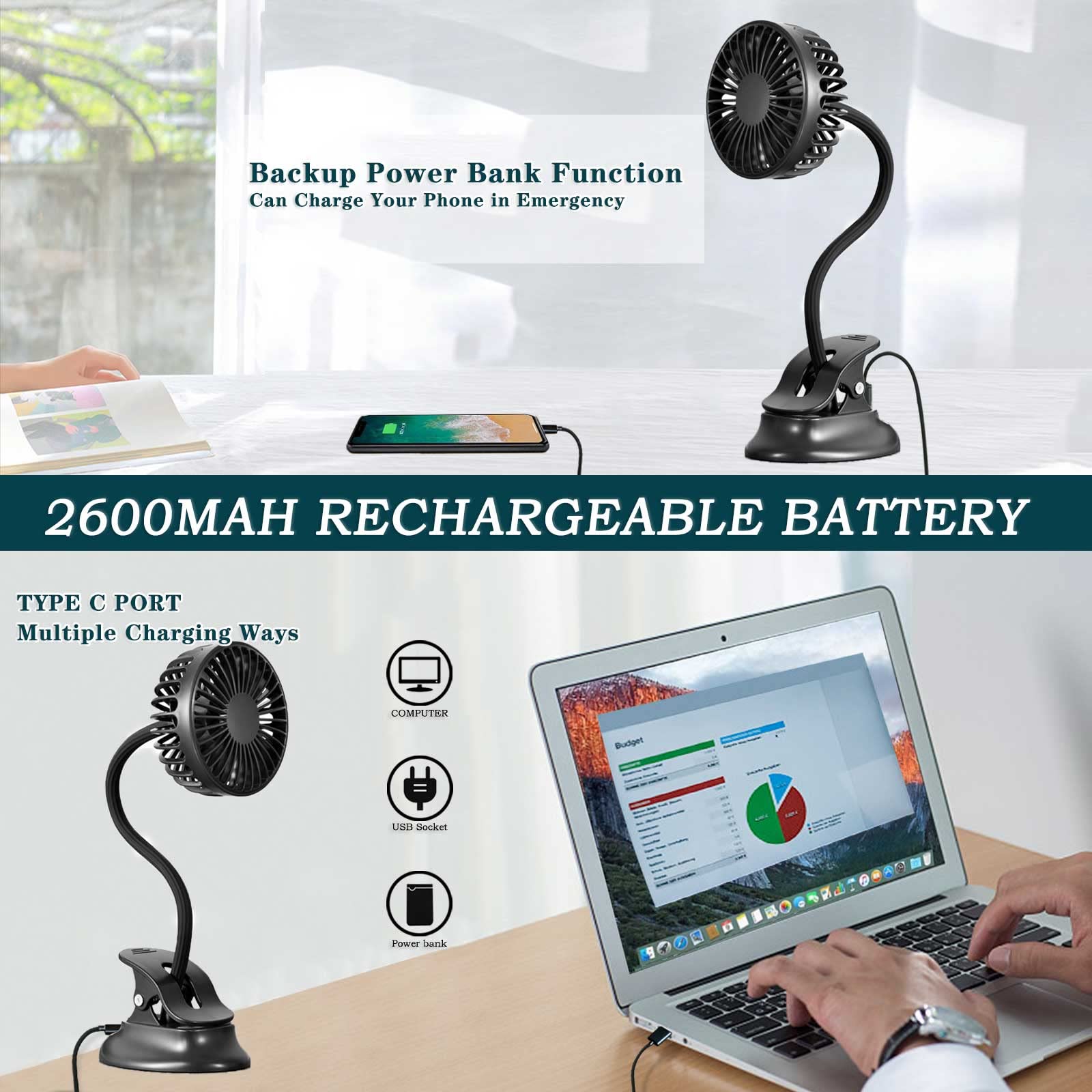 Glovion fan features USB-C charging for quick top-ups during travel.