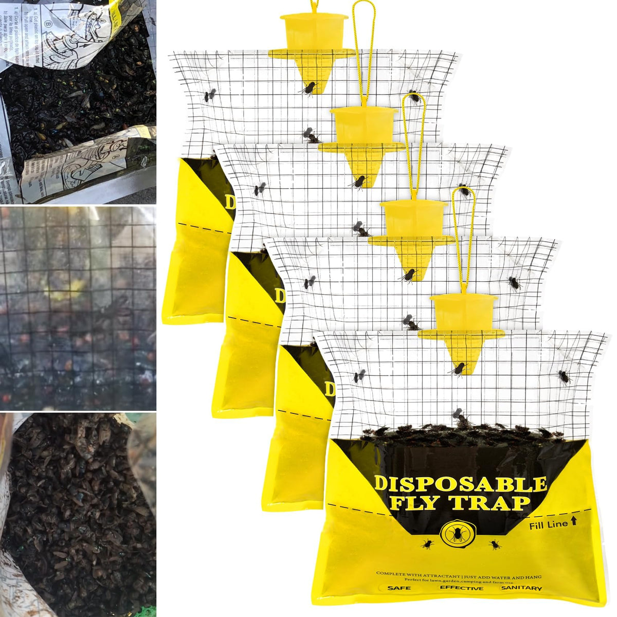 Glovv outdoor fly trap hanging with bait bag attracting flies around stable