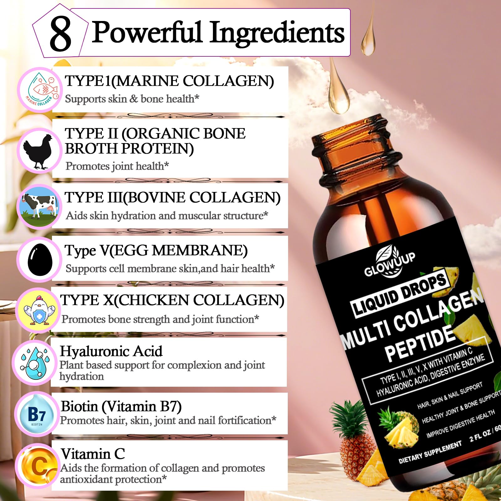 GLOVVUUP liquid drops pour for easy on-the-go collagen support.
