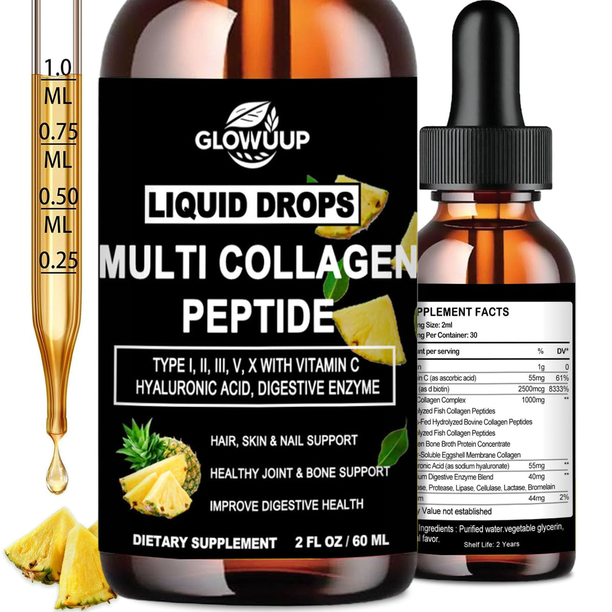 GLOVVUUP multi-collagen drops bottle supports daily hair, skin, and joint wellness.