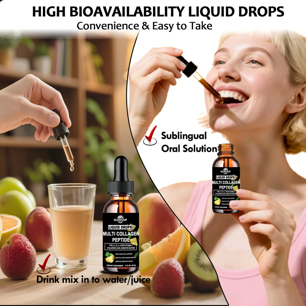 GLOVVUUP multi-collagen drops may support skin texture and joint flexibility.