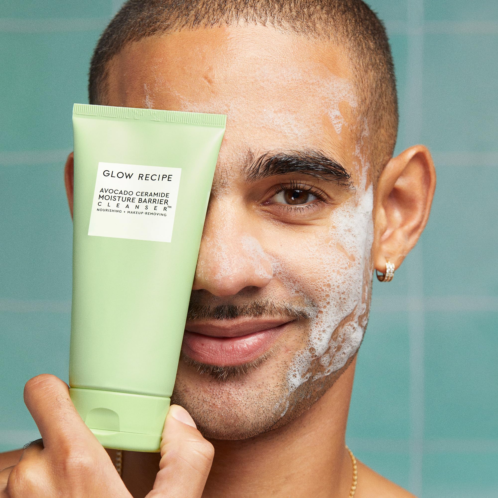 Glow Recipe Avocado Ceramide Cleanser bottle demonstration showing rinse-off hydration.