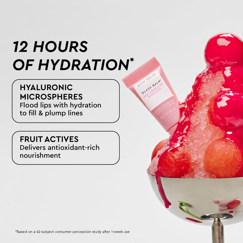 Glow Recipe Glass Balm Watermelon Bingsoo on lips delivering shine and hydration.
