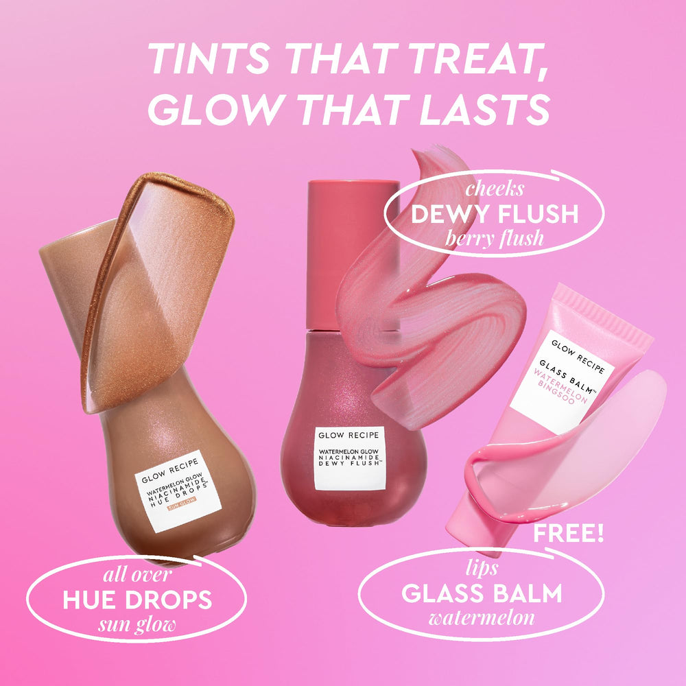 Glow Recipe Hue Drops Sun Glow bottle close-up, a hydrating tint for luminous skin.