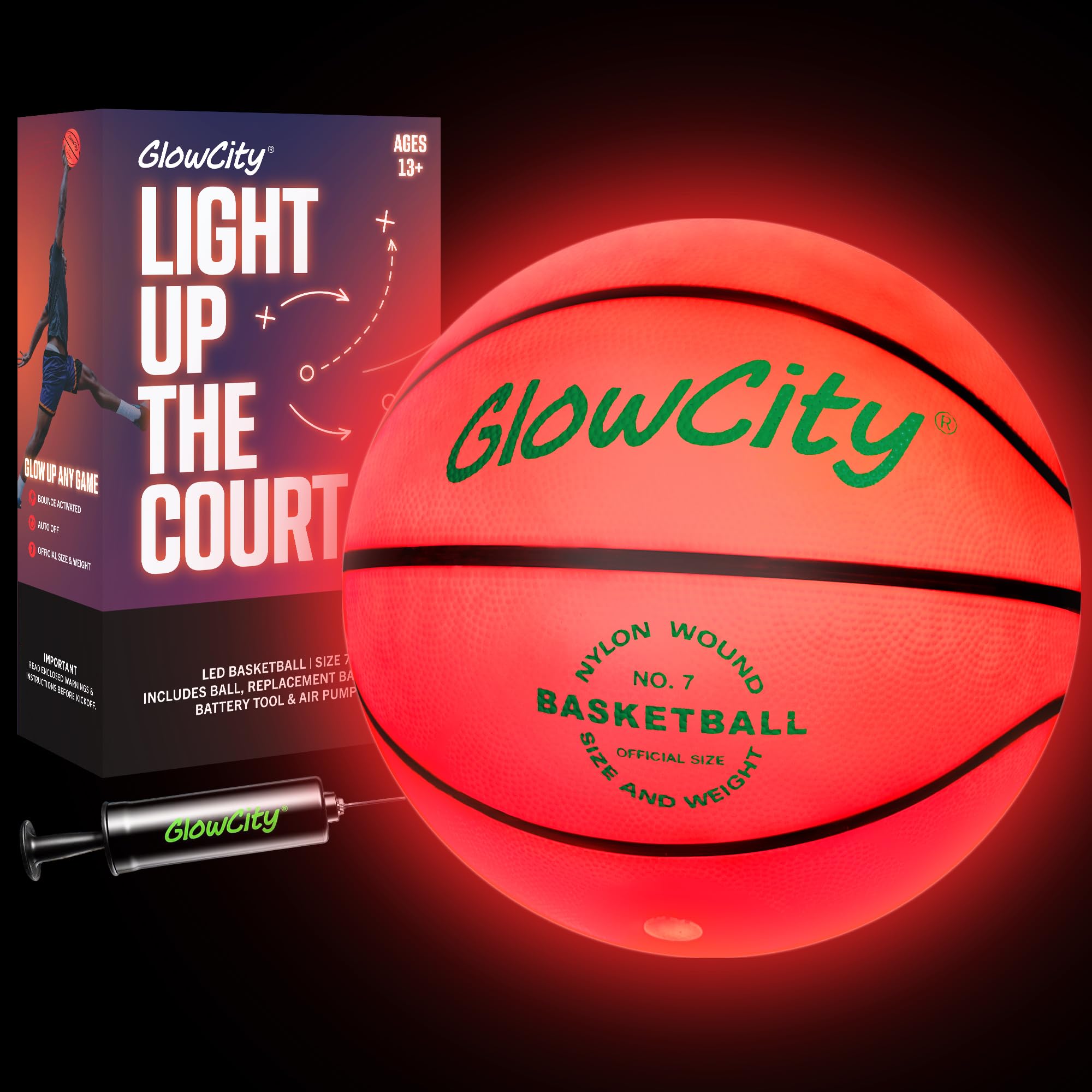GlowCity glow-in-the-dark basketball front view for nighttime play.