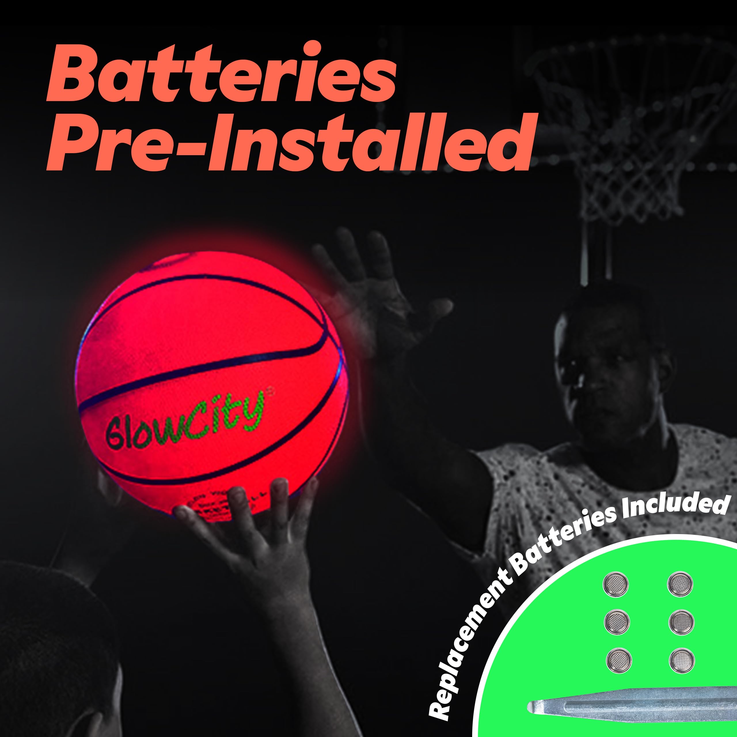 GlowCity red glow basketball with durable rubber skin for indoor/outdoor use.