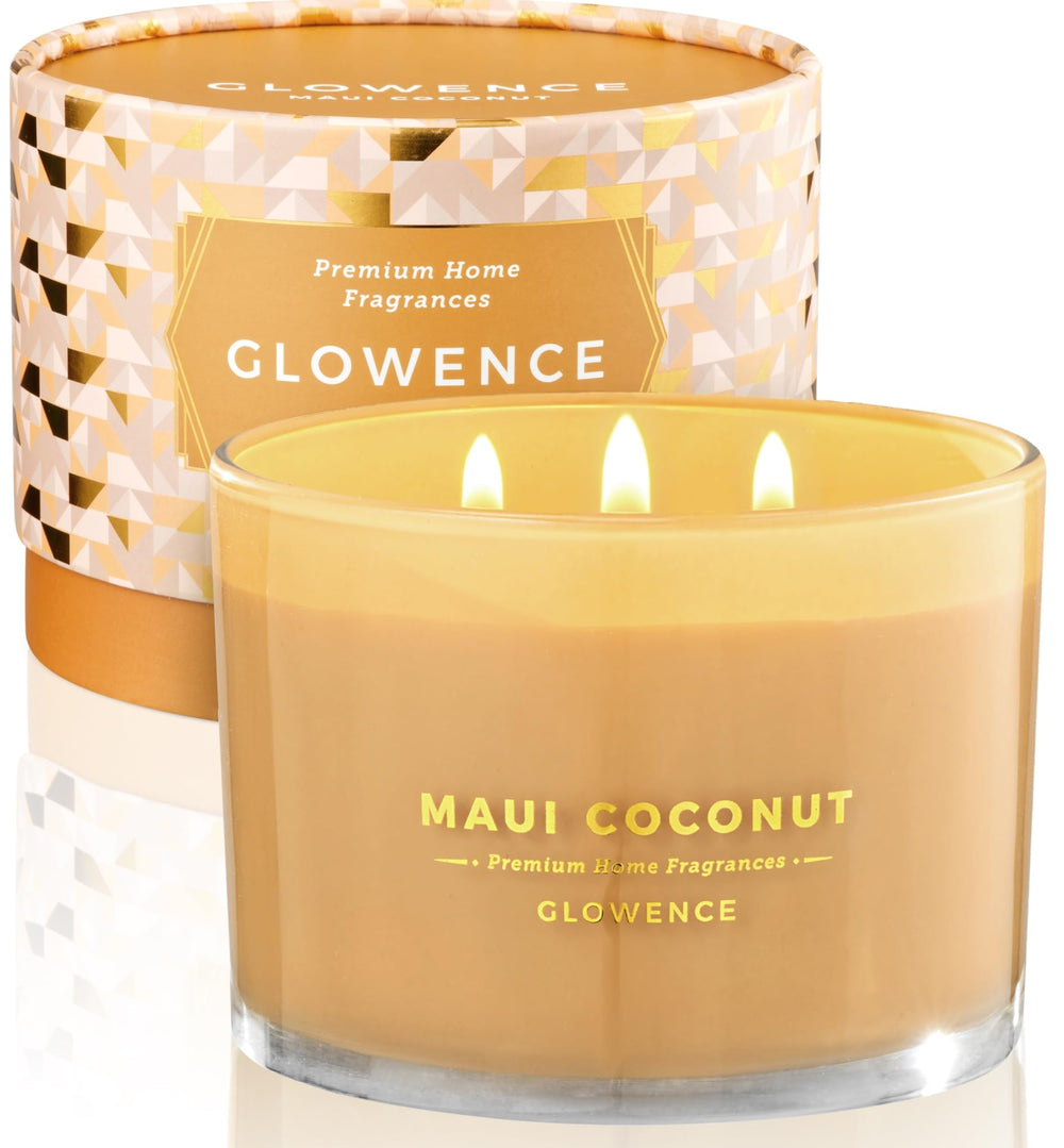 Glowence coconut candle close-up in a large jar for warm ambient lighting.
