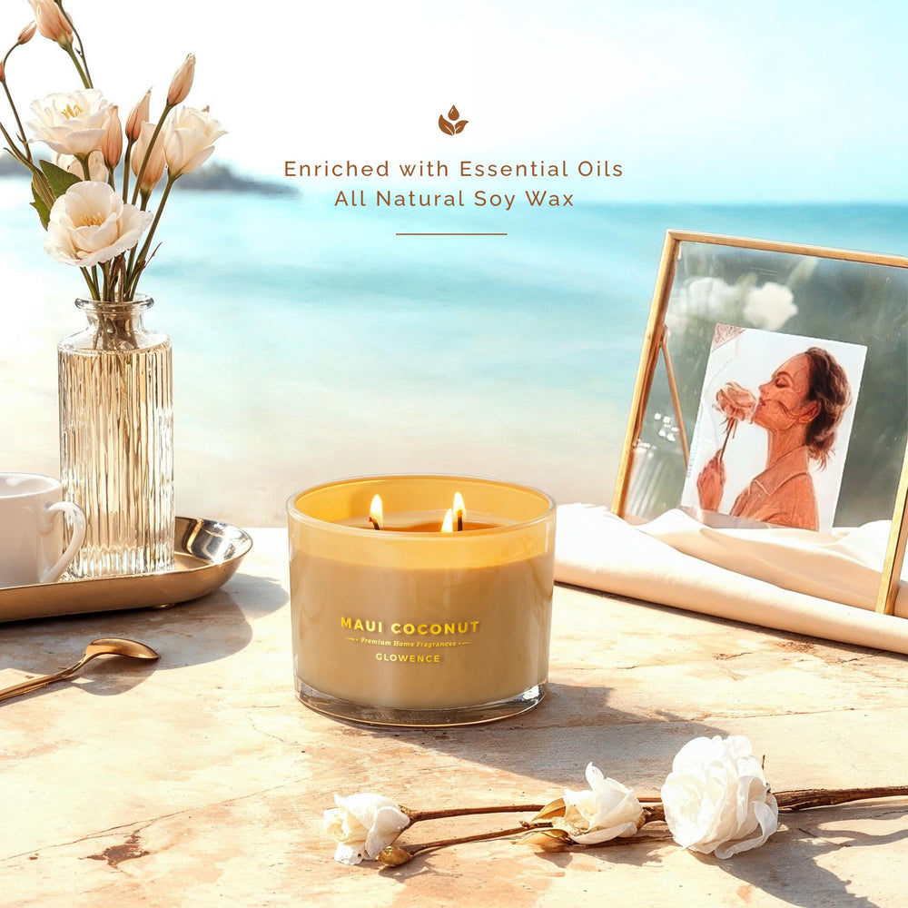Glowence coconut candle large jar lit for a cozy evening mood.
