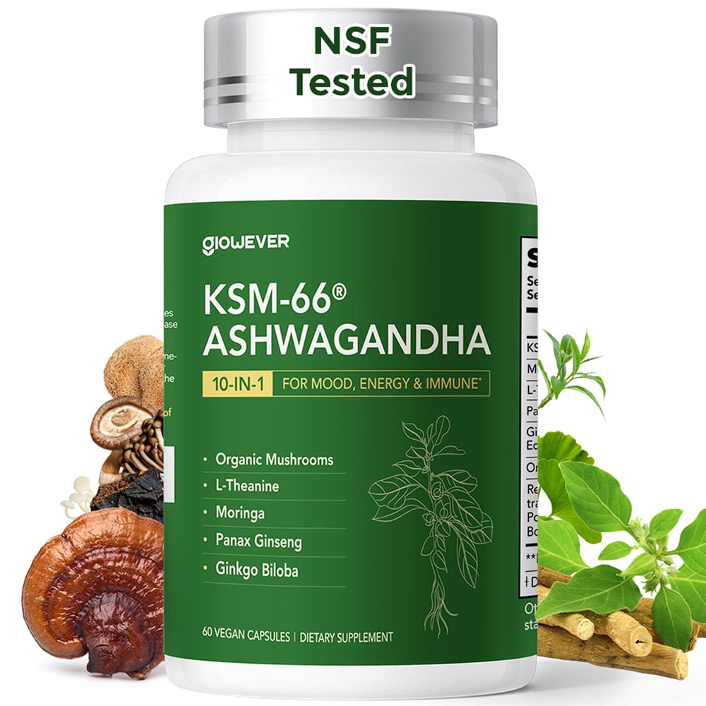 GlowEver KSM-66 Ashwagandha bottle highlights mood balance