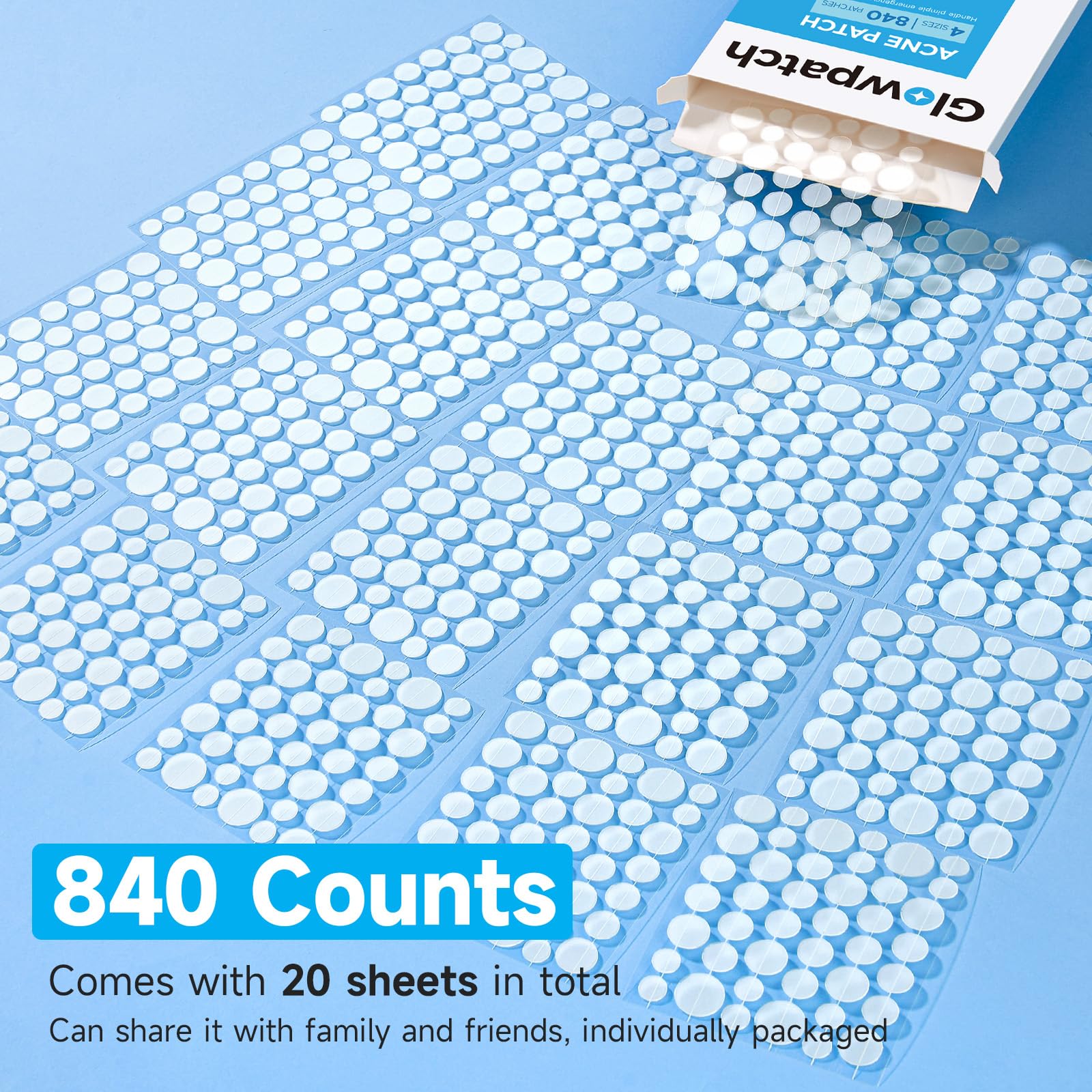 Glowpatch 4-sizes sheet closeup shows versatile fit for different blemish sizes.