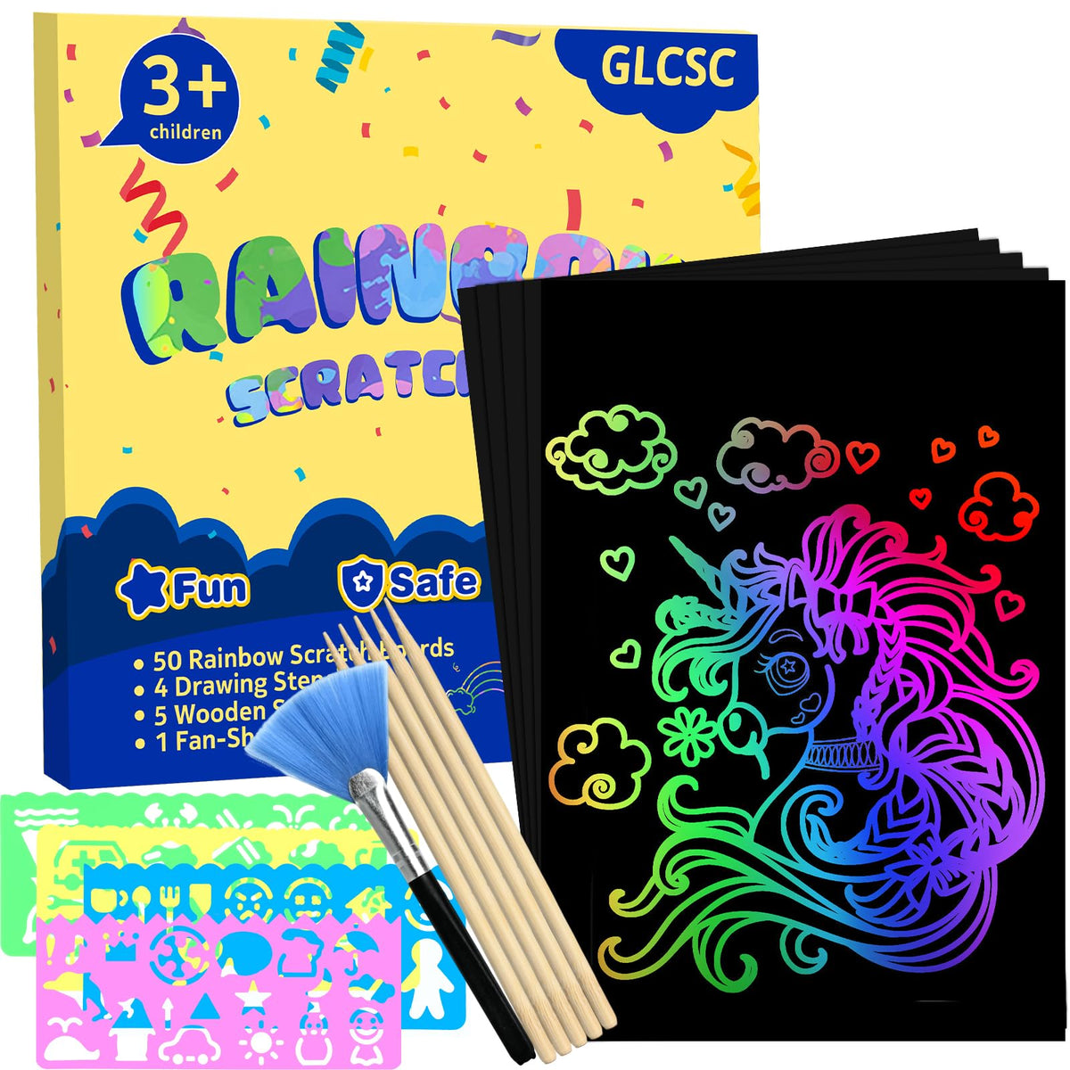 GLCSC deluxe scratch art gift box showcases rainbow sheets for kids' creative play.