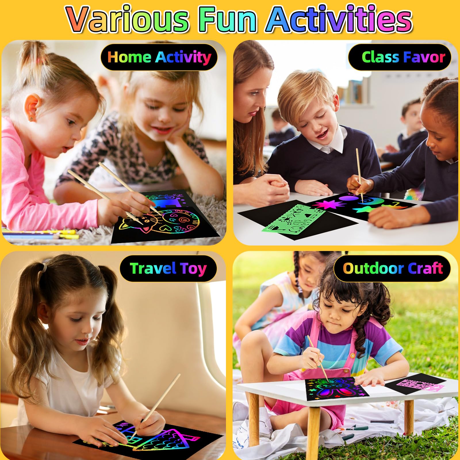 GLCSC colorful templates spark varied scratch-art designs for kids.