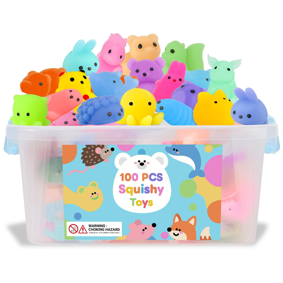 Gluaintdux 100-pcs squishy toys in a bucket for on-the-go play and easy sharing.