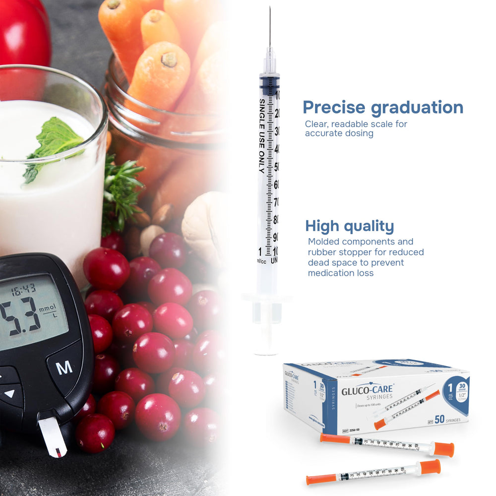 GLUCO-CARE 30G syringe with smooth plunger for easy use.