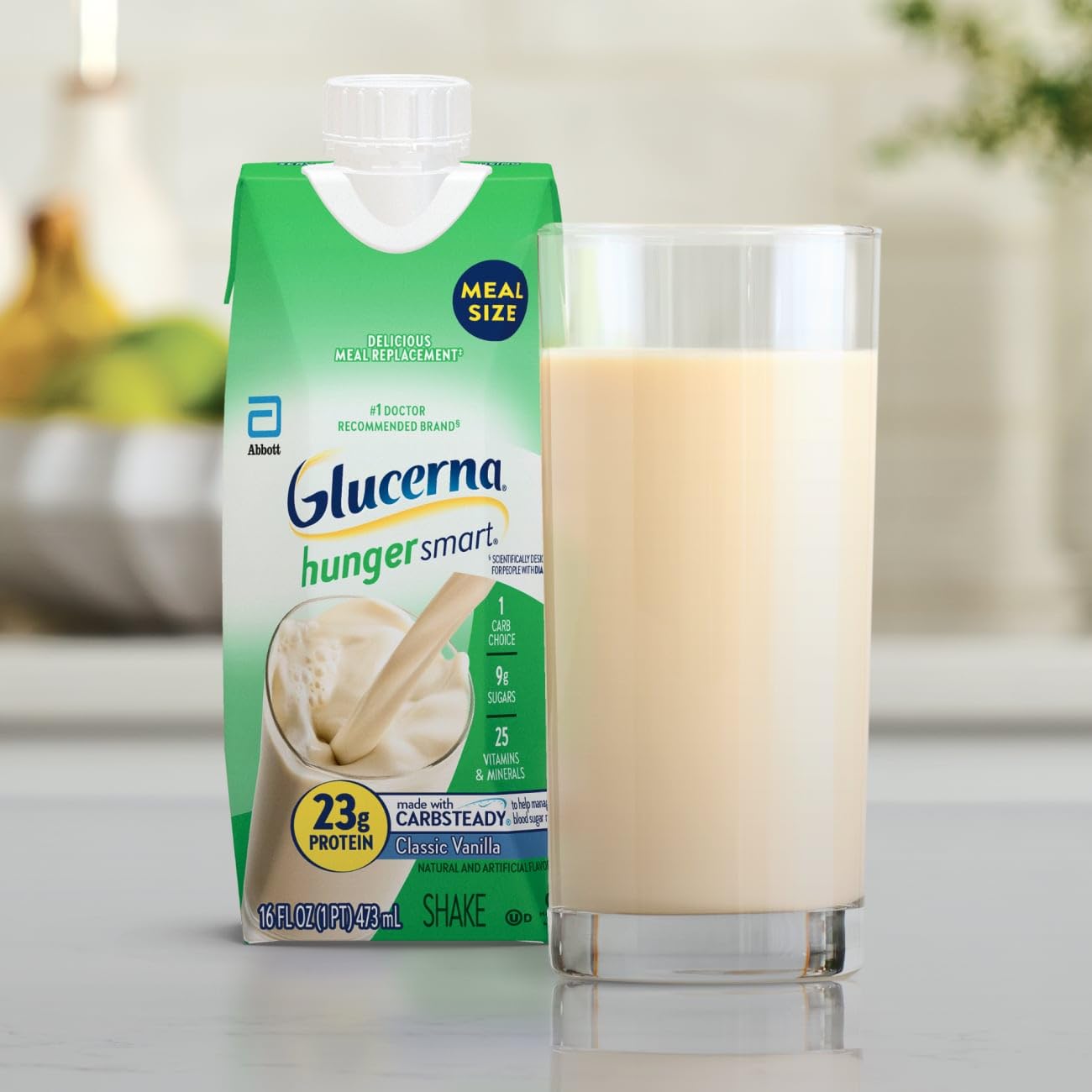 Glucerna Hunger Smart vanilla bottle on kitchen counter for balanced meals