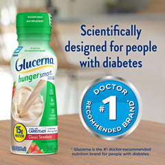 Glucerna Hunger Smart Shake 10oz bottle on table, ready to drink