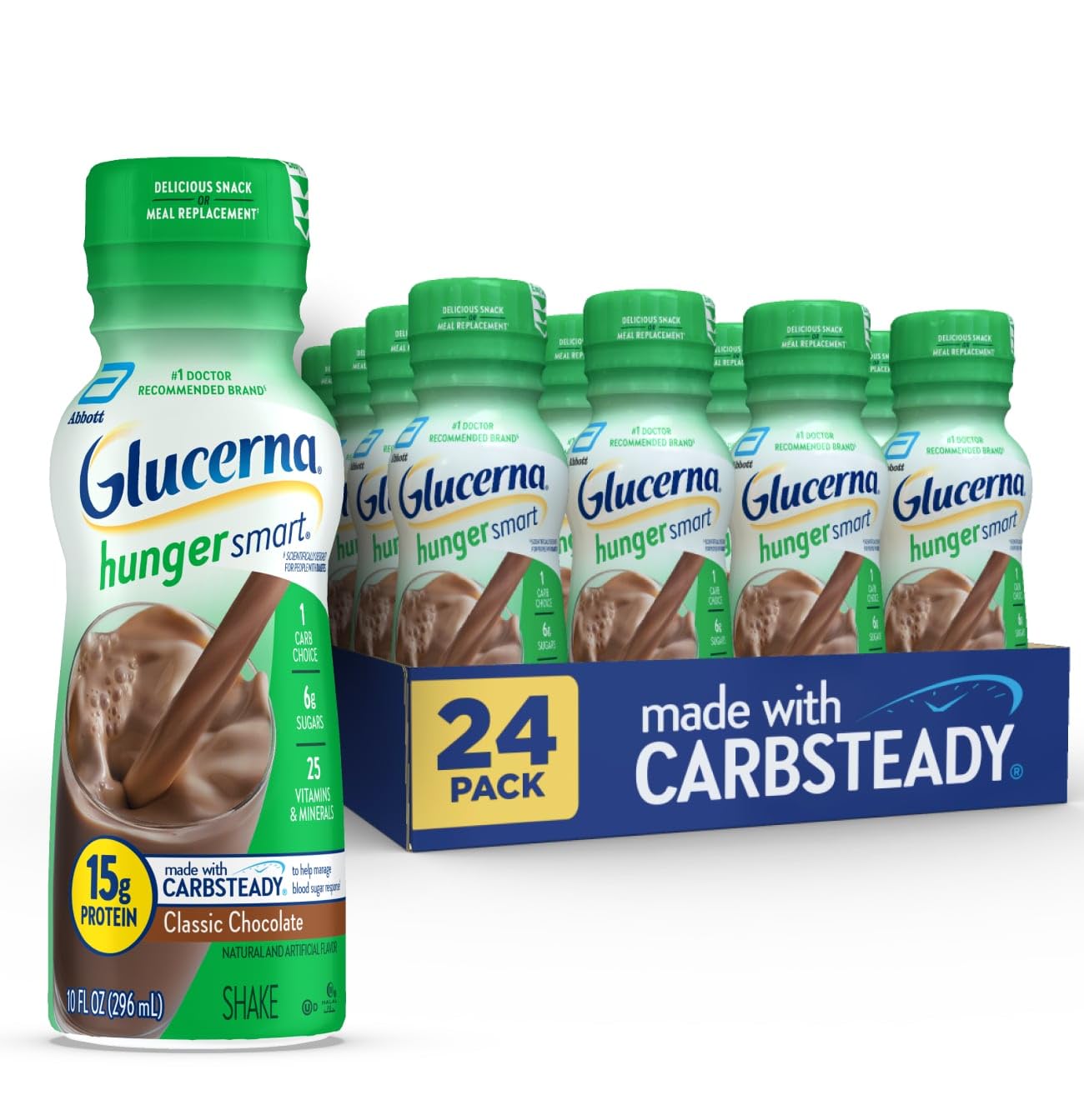 Glucerna Hunger Smart Shake classic chocolate bottle, protein-rich meal replacement option
