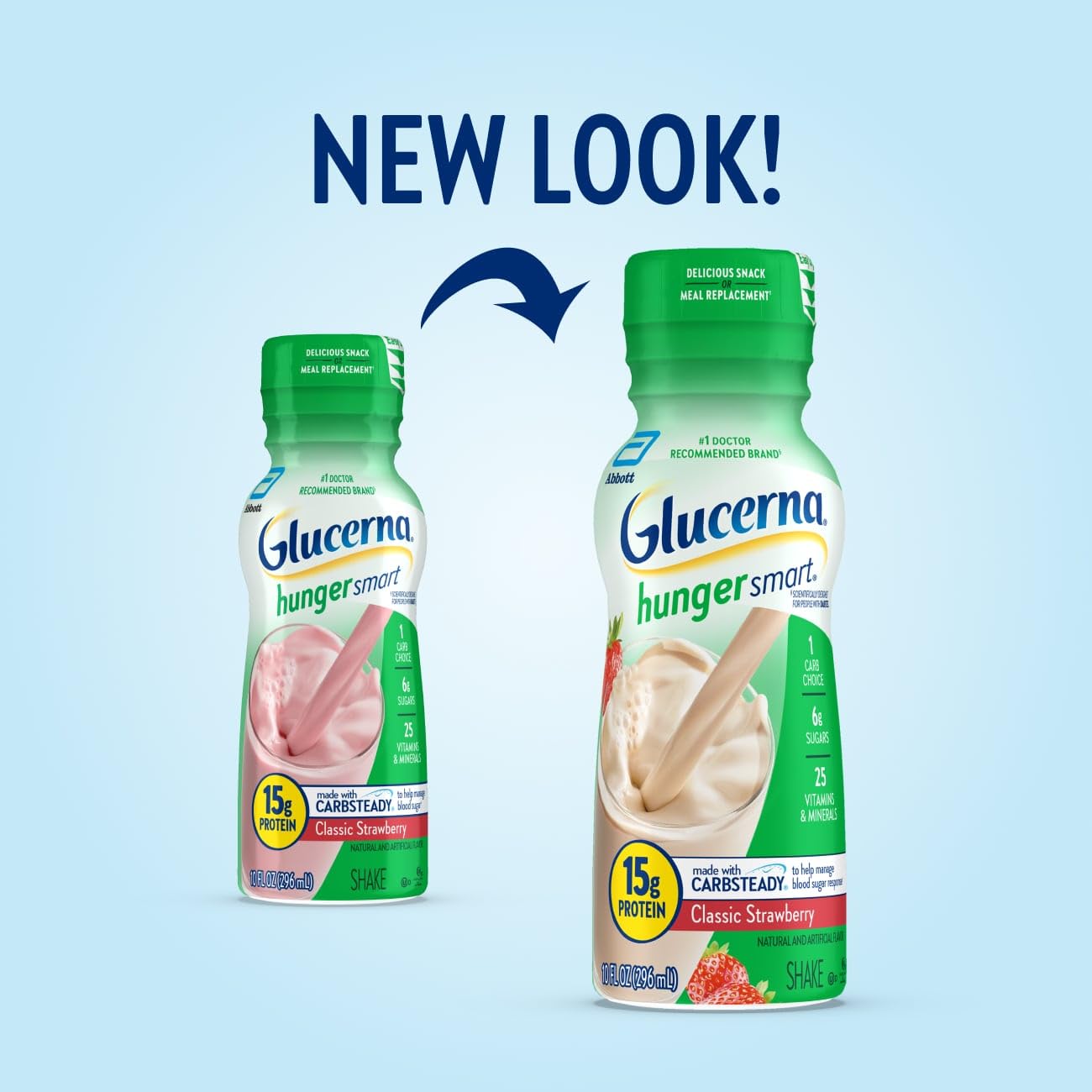 Glucerna Hunger Smart Shake strawberry label closeup highlighting CARBSTEADY