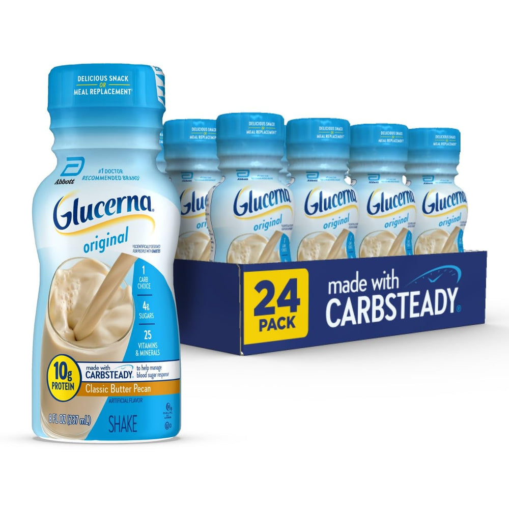 Glucerna Original Butter Pecan bottle front, ready-to-drink diabetes-friendly nutrition.